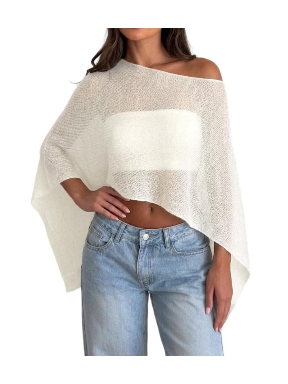 Womens Sheer Poncho Top Y2k Knitted Summer Asymmetrical Mesh Shawl Pullover